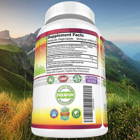 FRESH HEALTHCARE Mushroom Supplement, Lions Mane, Cordyceps, Reishi, Turkey Tail, 90 Vegan Capsules