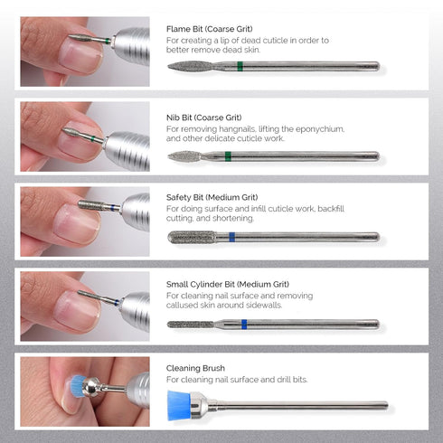 MelodySusie 10pcs Nail Drill Bits Set, 3/32 Inch Diamond Cuticle Bits for Nail Drill E-File, Manicure Tools