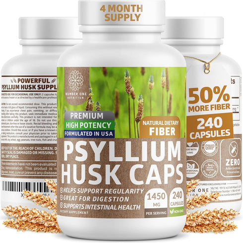 N1N Premium Psyllium Husk Capsules - All Natural 1450 MG Soluble Fiber Supplement, 240 Caps