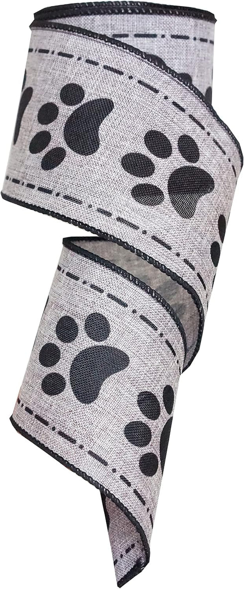 Dog Paw Print Wired Ribbon, Black and Grey, 2.5 Inch x 10 Yards for Wreath, Gift Wrapping, Decoration Craft