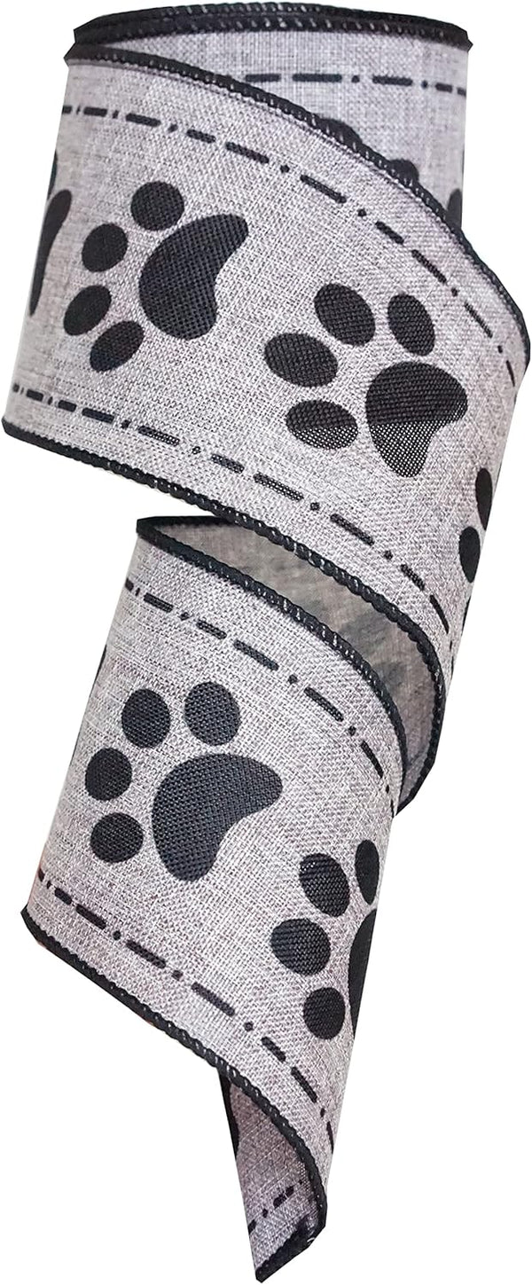 Dog Paw Print Wired Ribbon, Black and Grey, 2.5 Inch x 10 Yards for Wreath, Gift Wrapping, Decoration Craft