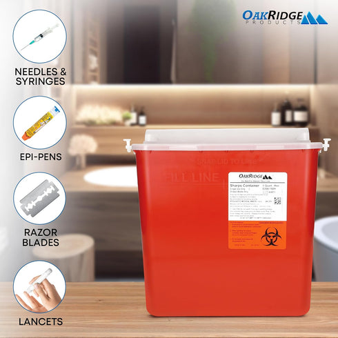 Oakridge Products 5 Quart Sharps Container for Home Use and Professional, Biohazard Needle and Syringe Disposal
