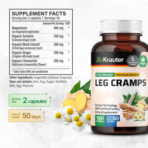 BIO KRAUTER Leg Cramps Capsules with Magnesium - 1200 mg Blend, 100 Vegan Caps for Natural Relief