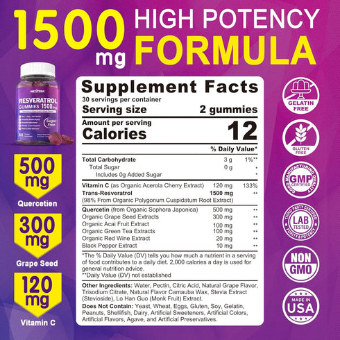 Resveratrol Gummies 1500mg - Sugar Free Supplement with Quercetin, Grape Seed, Acai Berries Extracts for Antioxidant,