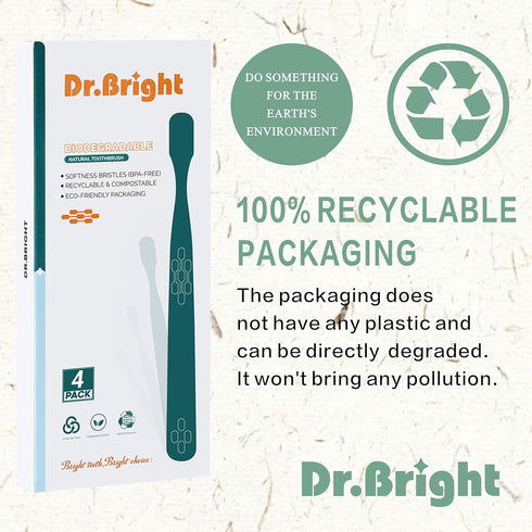 Packaging, 4 Pack DR.BRIGHT Eco-Friendly Toothbrushes, Natural Biodegradable Toothbrushes, Soft Toothbrush for Adults