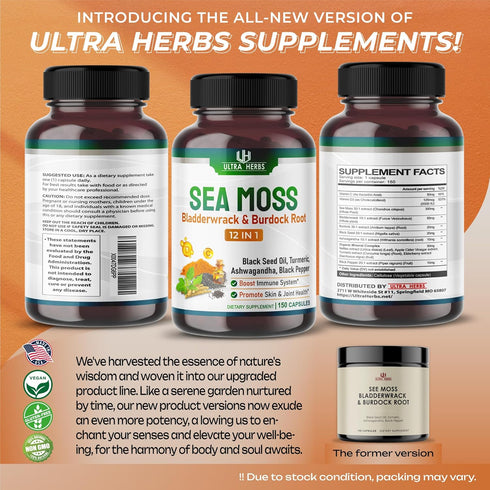 Organic Sea Moss Capsules, 12,900mg with Black Seed Oil, Ashwagandha, Burdock Root, 150 Count