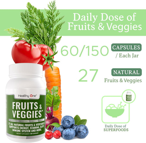 Healthy One Fruit and Veggies Supplement - 27 Superfood Fruit and Veggie Vitamins for Adults - Support Immune System - Daily Fruits and Vegetables Supplements - 60 Veggie Fruit Capsules