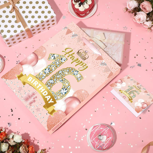 Yoirrat 16th 16th 16th 16th Rose Gold Sweet Birthday Gift Bag for Girls Pink Happy Birthday Gift Bag with Happy
