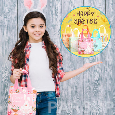 PARSUP 12PCS Happy Easter Bunny Carrot Chick Egg Hunt Gift Bags with Handles, 8.3×7.9×5.9inch, Easter Party Supplies