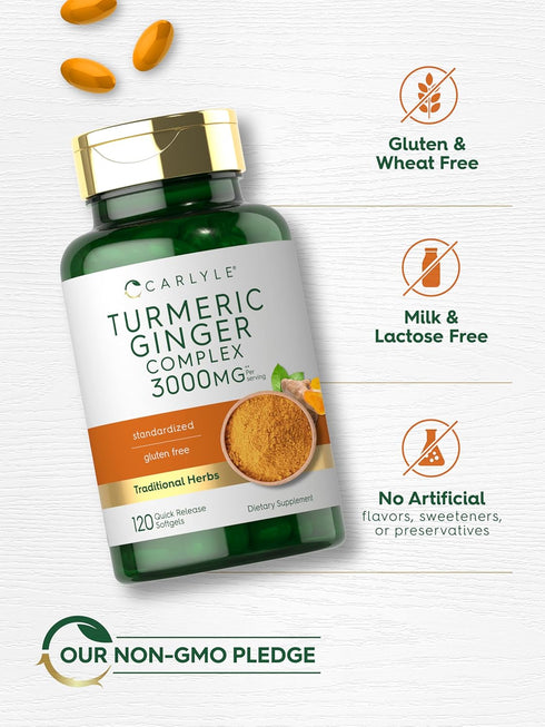 Carlyle Turmeric Curcumin Complex Supplement 3000 mg | 120 Softgel Capsules | Non-GMO, Gluten Free, Ginger