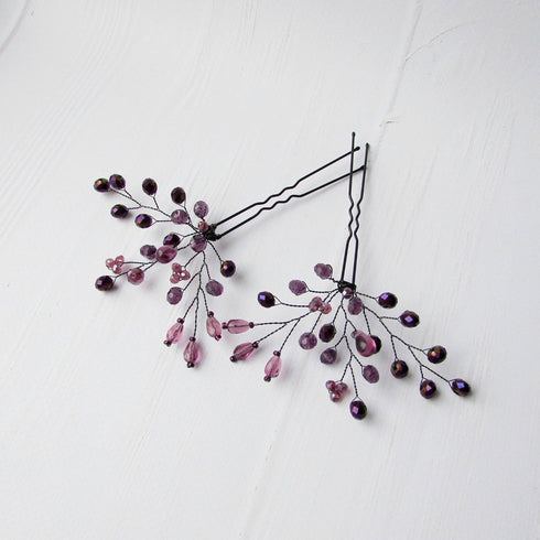 Kercisbeauty Purple Beaded Hair Pins - Pack of 3 Bridal Accessories for Wedding, Prom, Evening Party, Violet Hair Piece