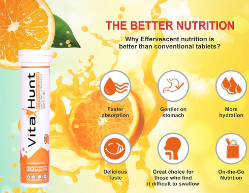 Vitamin C 1000 mg with Zinc - Antioxidants for Immune Support - 20 Effervescent Tablets - Orange Flavour