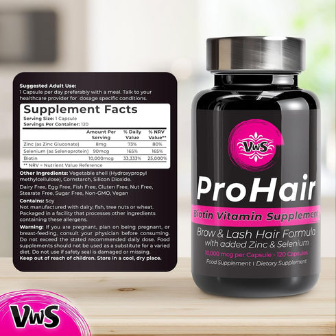 VWS Biotin 10,000 mcg Dietary Supplement w/Zinc & Selenium to Promote Thicker Hair Growth, Stronger Nails & Healthy Skin for Women and Men, 120 Vegan Capsules