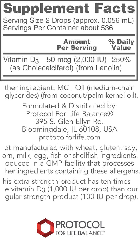 Protocol Liquid Vitamin D3 2,000 IU - Extra Strength - Bone & Teeth Support* - Dietary Supplement for Immunity & Bone Mineralization* - Non-GMO, Halal, Kosher, Keto-Friendly - 536 Servings