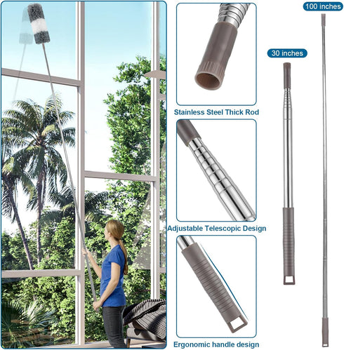 Microfiber Duster, 4PCS with Extension Pole (Stainless Steel) 30 to 100 Inches, Reusable Washable for Cleaning High