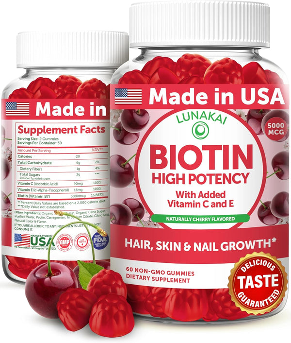 Lunakai Biotin Gummies 5000mcg with Vitamin C & E, Hair Skin Nails Vitamins for Women, 60 Ct