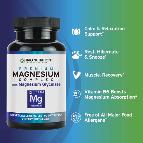 Trio Nutrition Magnesium Complex, 90 Day Supply, 420 mg | Natural Calm, Relax, Stress Relief, Muscle Recovery,