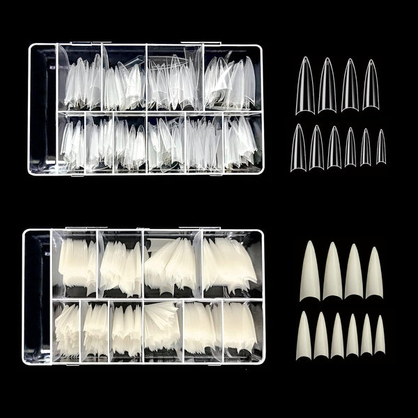 VIVACE 2PACK Natural/Clear Long Stiletto Artificial Fake Gel Nail Tips (Total 1000 Tips) 10 Sizes for Nail Salon Nail