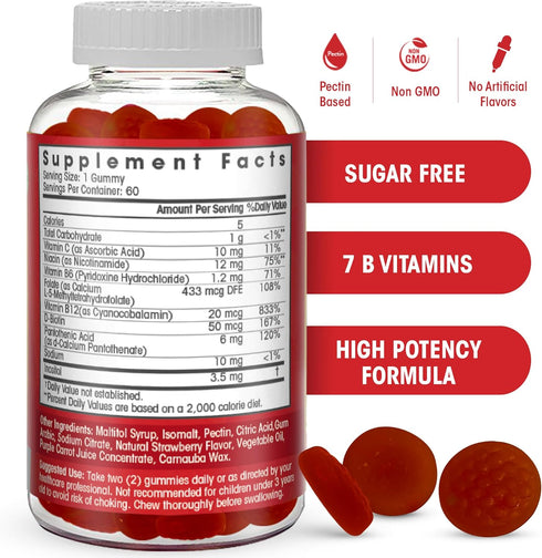 Sugar Free Vitamin B Complex Gummies - Prenatal, Vegan Diet, Older Adults - B12, B7, B6, B3, B5, B8, B9 Supplement, Two