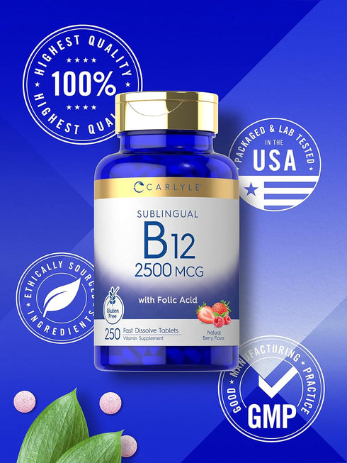Carlyle Vitamin B12 Sublingual 2500 mcg - 250 Fast Dissolve Tablets, Cyanocobalamin Supplement with Folic Acid for