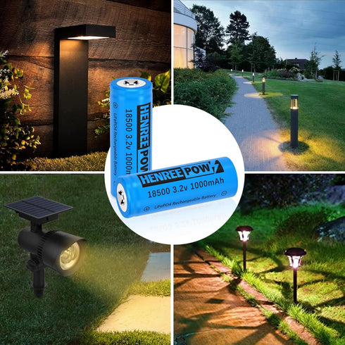 Henreepow 18500 3.2V Rechargeable Battery, 1000mAh LiFePO4 Lithium Phosphate for Outdoor Garden Solar Lights,
