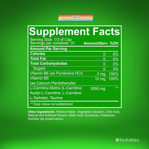 NutraKey L-Carnitine 3000mg, No Sugar, Gluten Free, Turn Into Fuel, Sour Gummy Worms, 31 Servings