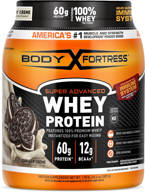 Body Fortress Super Advanced Whey Protein Powder, Cookies N’ Creme, 60g Protein & 12g BCAAs, 1.78lbs