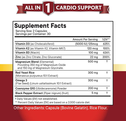 COQ10 200mg Red Yeast Rice 3000mg - Omega 3-6-9 3000mg, Magnesium Complex 500mg, Niacin, Zinc, Vitamin K2 D3 - Heart