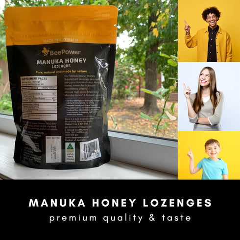 Bee Power Manuka Honey Lozenges - MGO 500+ Honey Cough Drops for Soothing Dry Throat, 40 Lozenges, Lemon Flavor