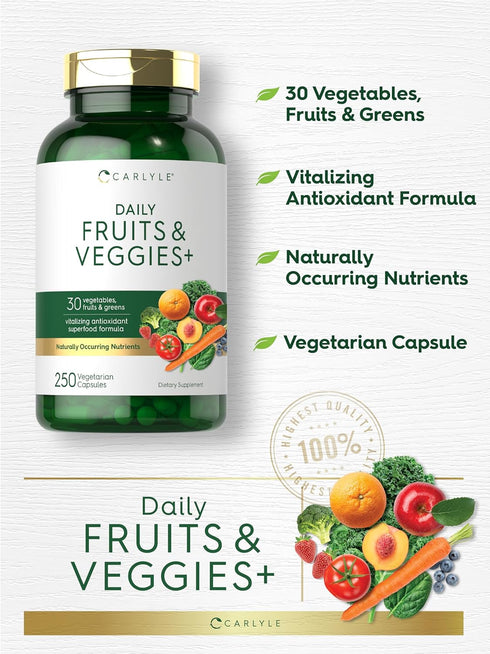Carlyle Fruits and Veggies Supplement - 250 Capsules with 30 Fruits and Vegetables, Vegetarian, Non-GMO
