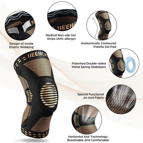 NEENCA Copper Knee Brace for Knee Pain, Knee Support with Patella Pad & Side Stabilizers, Compression Knee Sleeve for