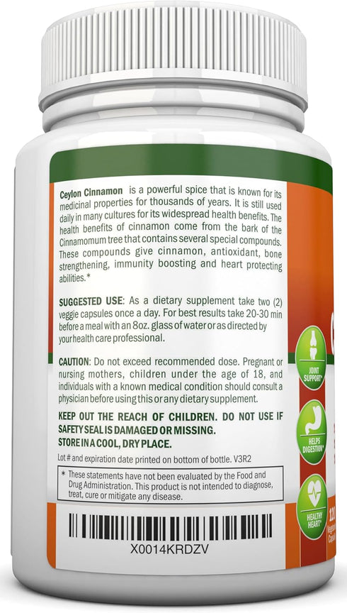 Organic Ceylon Cinnamon, 1200mg, 120 Capsules, True Cinnamon for Immune & Heart Health