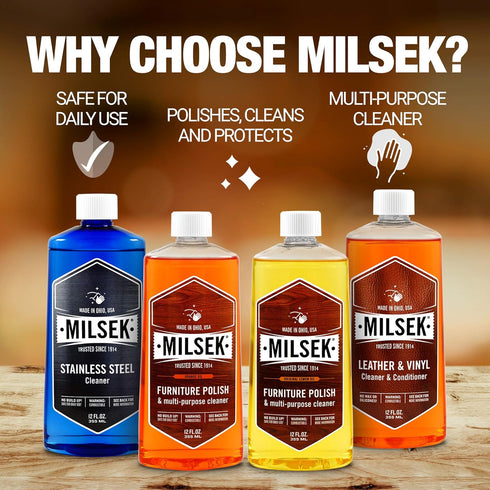 Milsek Furniture Polish Variety Pack: 4-Pk, 12 fl oz, Lemon Oil, Orange Oil, Stainless Steel & Leather Cleaner