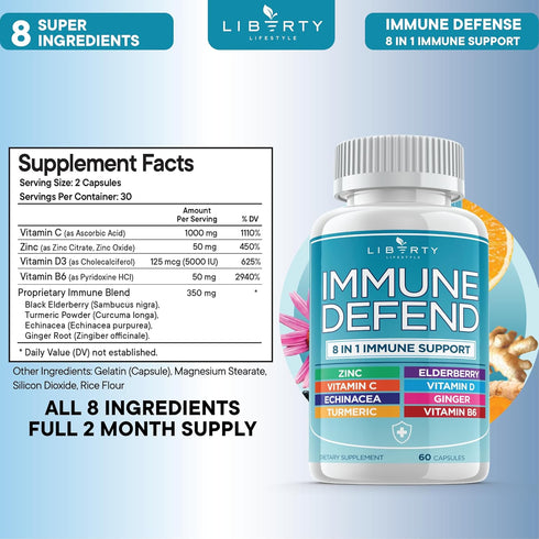 8 in 1 Immune Defense Support - Immunity Vitamins Supplement with Zinc, Vitamin C, Elderberry, and Turmeric