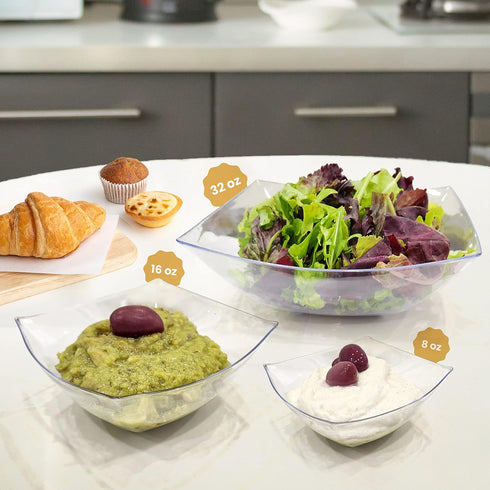 R-kay 6 Pack Square Plastic Serving Bowls - Clear Plastic bowls 8 oz - Small Plastic Bowls for Parties - Premium Clear Bowls For Weddings Catering And Birthday parties