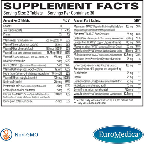 Euromedica Essential Multivitamin - 60 Tablets with Bioactive B Vitamins, Vitamin E, D3 & Chelated Minerals