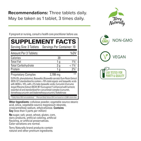 Terry Naturally Curamin Extra Strength - 30 Tablets - Non-Addictive Pain Relief with Curcumin, Boswellia, DLPA & Nattokinase - Non-GMO, Vegan - 10 Servings