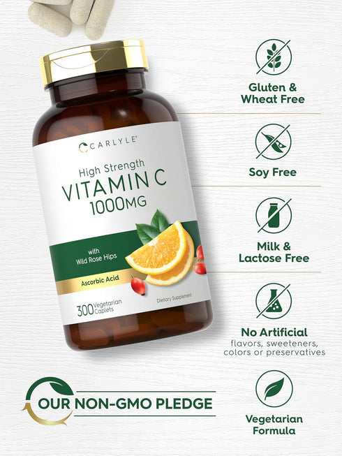 Carlyle Vitamin C 1000mg, 300 Vegetarian Caplets, High Strength Formula with Wild Rose HIPS, Non-GMO, Gluten Free