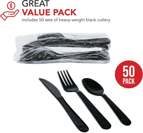 Party Essentials Individually Wrapped Black Plastic Cutlery Pack, Heavy Duty Silverware Kits, 50 Sets of Forks, Spoons,