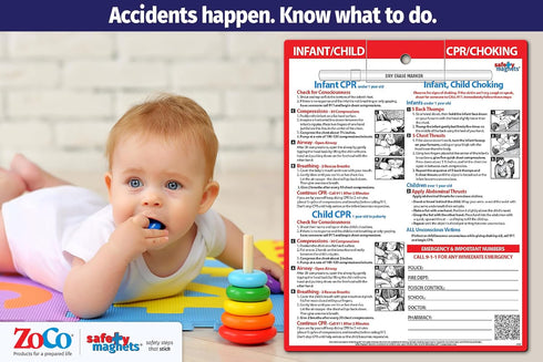 Safety Magnets by ZOCO, Infant and Child CPR & Choking Magnet, Laminated Emergency Numbers Fridge Card