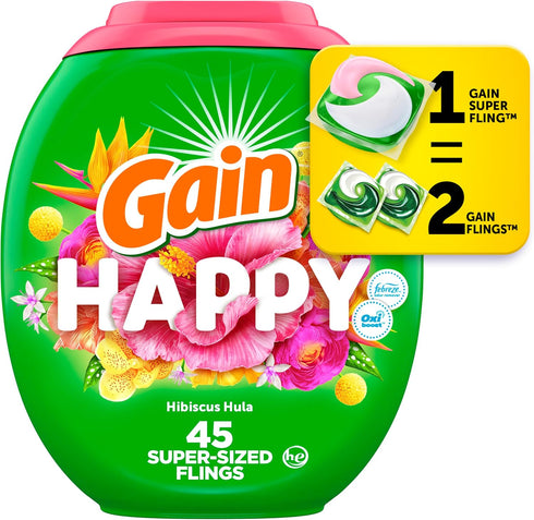 Gain Super Sized Flings Laundry Detergent Pacs, 3-in-1, Happy Scent, 45 Count