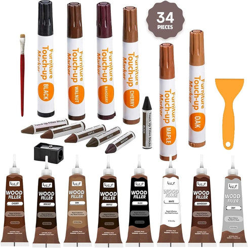 Katzco Furniture Repair Kit Wood Markers - Set of 34 - Markers and Wax Sticks with Sharpener for Stains, Scratches,