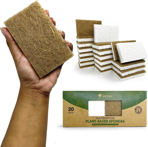 20 Pack Biodegradable Natural Kitchen Sponge - Compostable Cellulose and Coconut Walnut Scrubber Sponge