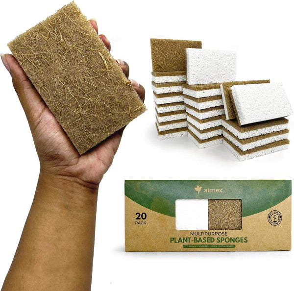 20 Pack Biodegradable Natural Kitchen Sponge - Compostable Cellulose and Coconut Walnut Scrubber Sponge