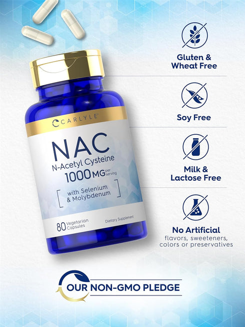 Carlyle NAC Supplement N-Acetyl Cysteine | 1000 mg | 80 Capsules | Vegetarian, Non-GMO & Gluten Free with Selenium