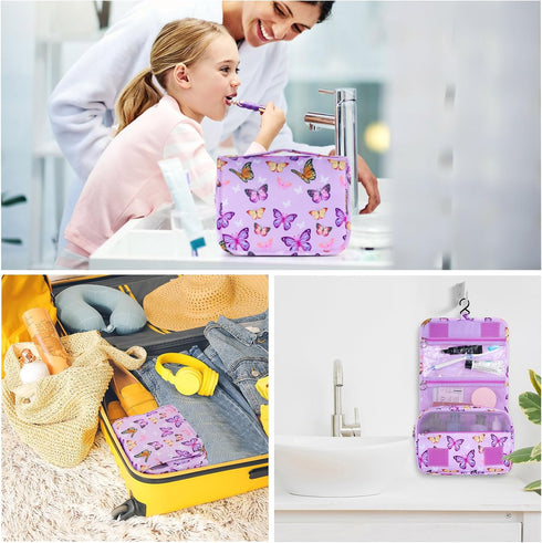 Kids Hanging Toiletry Bag for Girls, Waterproof Travel Makeup Bag for Little Young Girls, Butterfly Purple