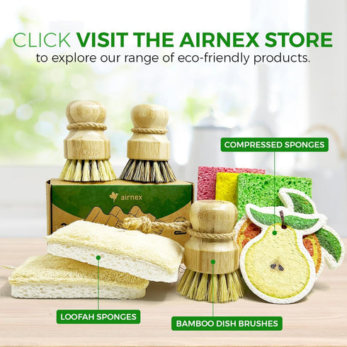Set 3 AIRNEX Bamboo Dish Brush of - Natural Wooden Dish Scrubber w/Medium Stiff Sisal & Coconut Bristles - Kitchen