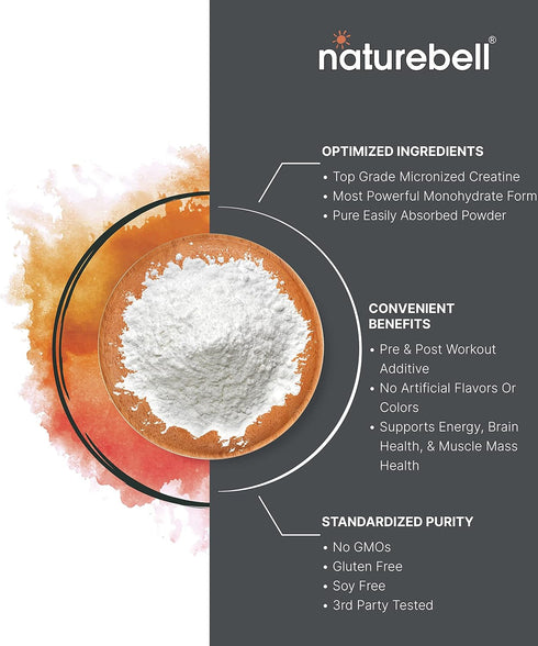 NatureBell Creatine Monohydrate Powder - 500 Grams, 5000mg Per Serving, Pure Unflavored Micronized Powder