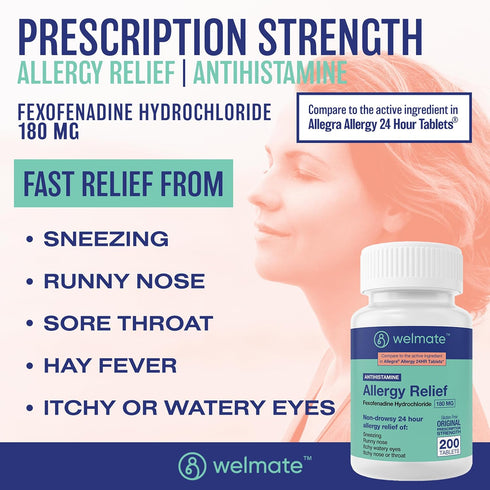 WELMATE Allergy Relief - Fexofenadine HCl 180 mg, Non-Drowsy Antihistamine, 200 Count Tablets