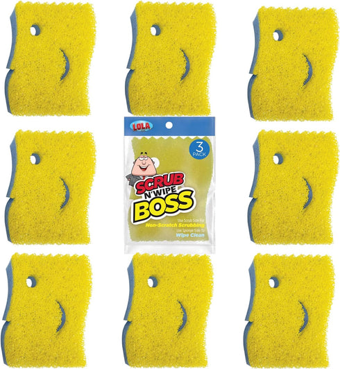 Lola Products Scrub N’ Wipe Boss, Non-Scratch Scrubbing, 2-Sided Sponge, 9 Pack, Made in USA, Remove Debris, Firm in